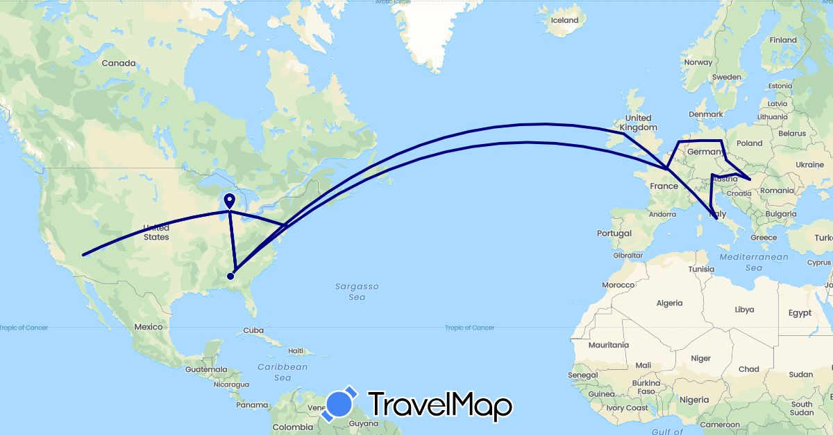 TravelMap itinerary: driving in Austria, Czech Republic, Germany, France, Hungary, Ireland, Italy, Netherlands, United States (Europe, North America)